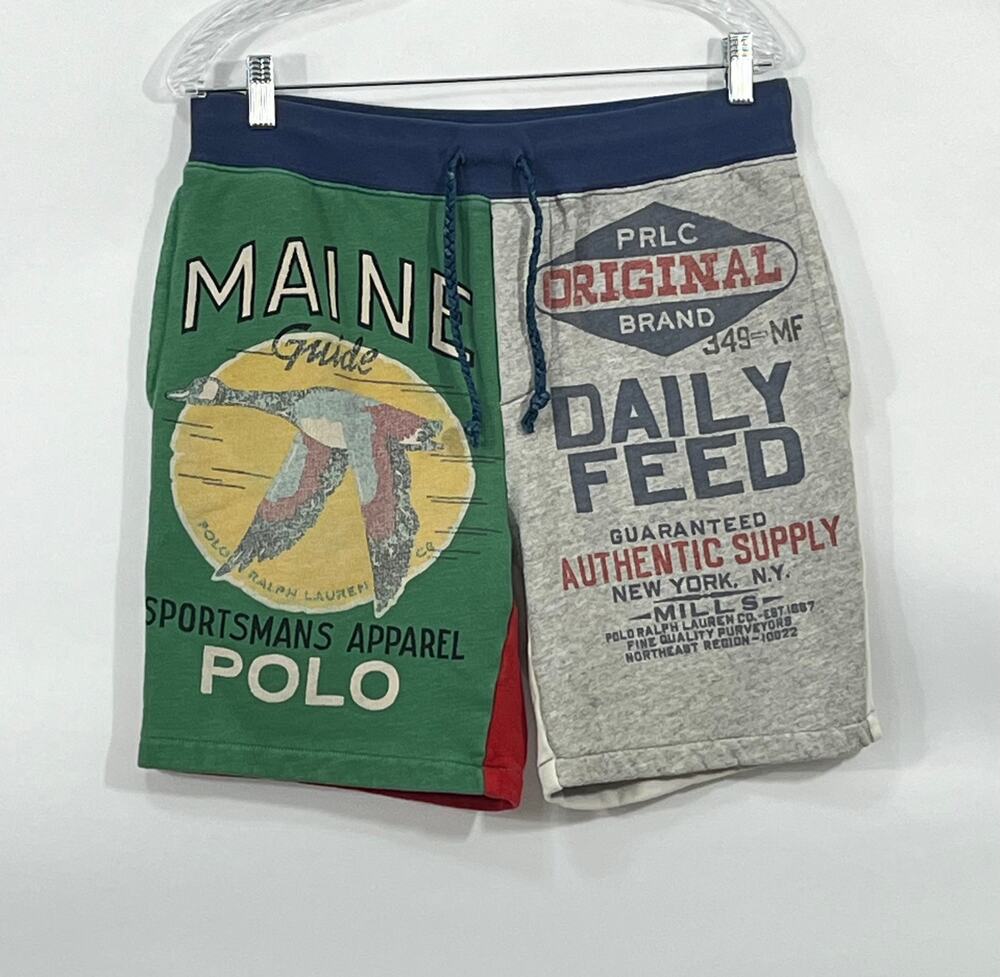 POLO RALPH LAUREN M Medium Feed Bag Shorts Sweatshorts Patchwork Fleece Graphic